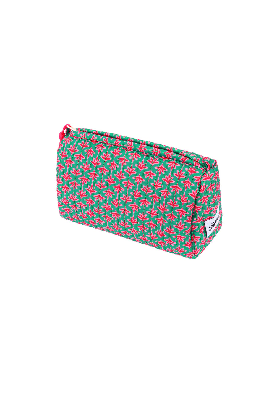 Make-up tasje groen Make-up tasje groen met roze bloemen – gewatteerd toilettasje met rits
