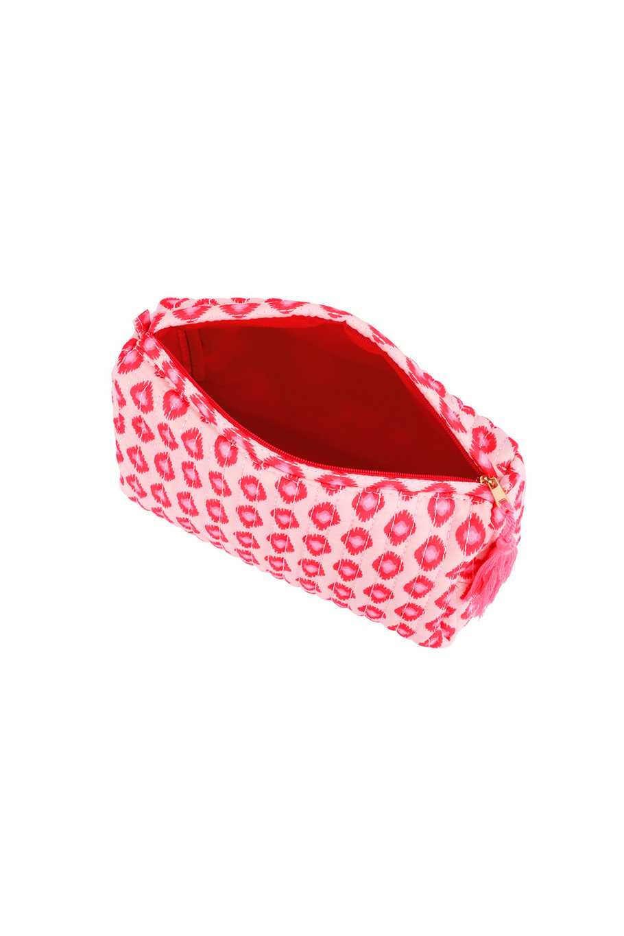 Roze make-up tasje Roze make-up tasje met retro print – toilettasje met rits en kwastje