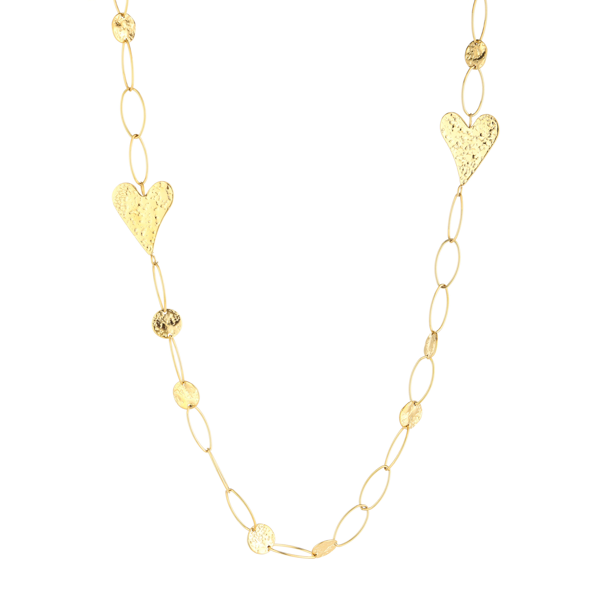 Lange ketting goud met hartjes Lange goudkleurige ketting van 80 cm met schakels, hartjes en ronde elementen – dames sieraad