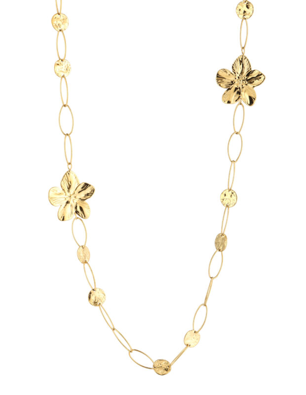 Lange goudkleurige ketting van 80 cm met schakels, bloemen en ronde details – dames sieraad