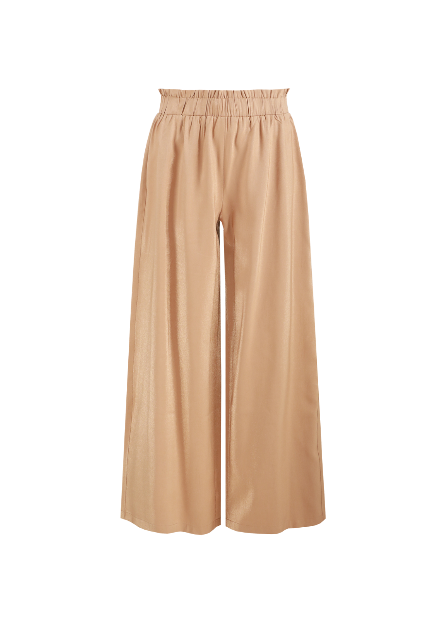 Fluresk Loretta Broek in biscuitkleur met glanzende stof en elastische taille