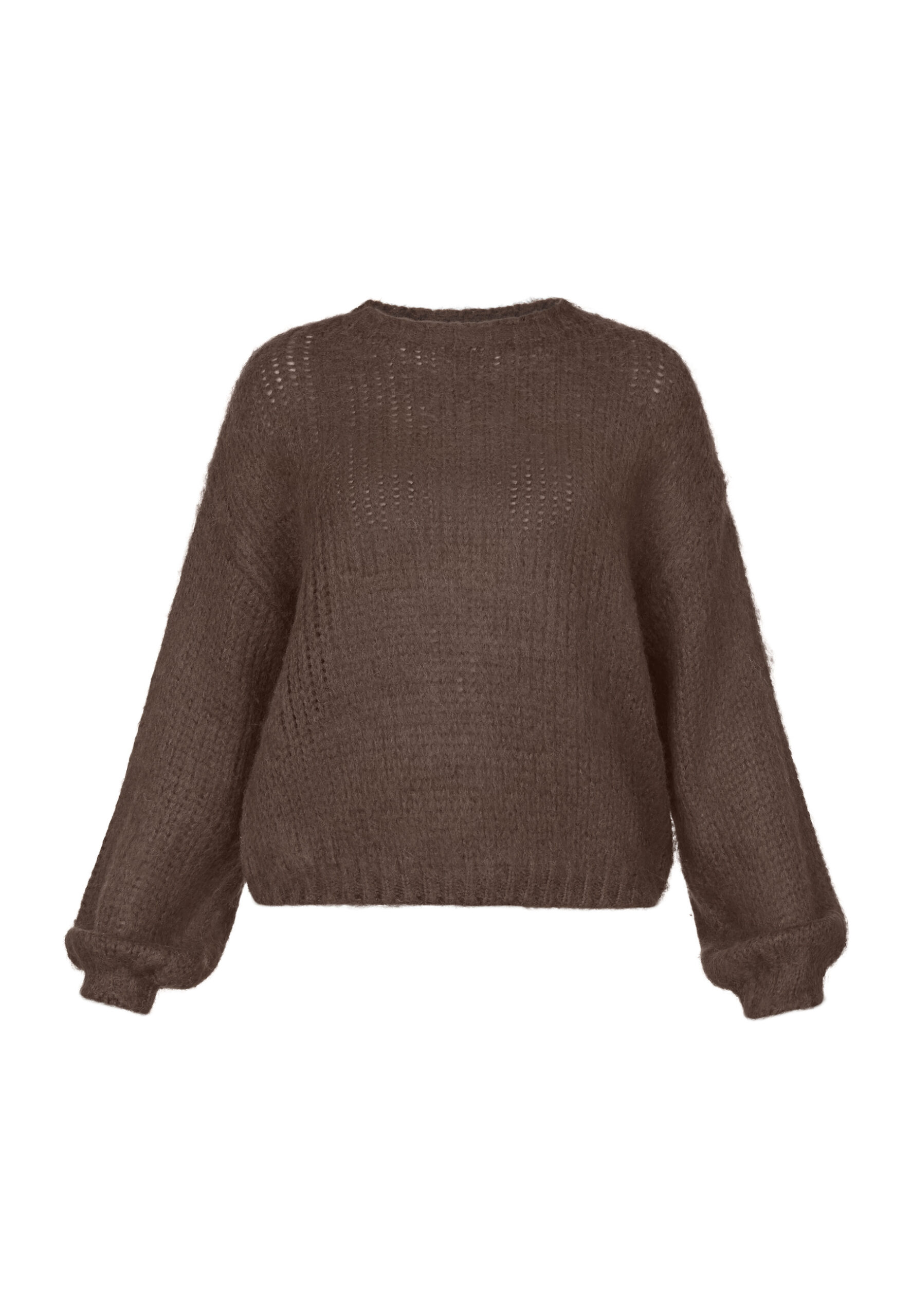 Bruine grof gebreide damestrui Bruine grof gebreide damestrui met ronde hals en relaxed fit – najaarscollectie