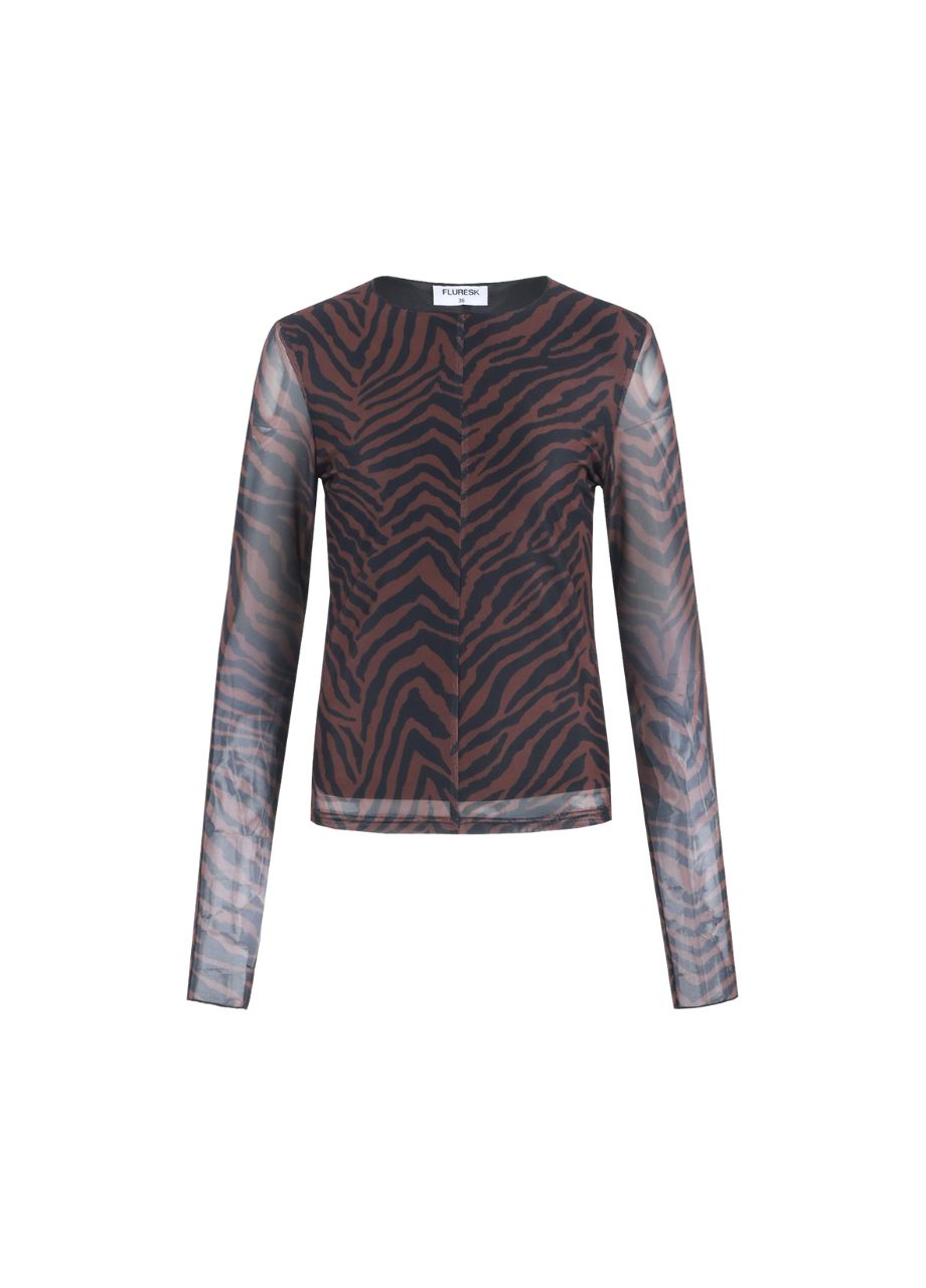 Fluresk Lawrence top met zebra print in bruin en zwart