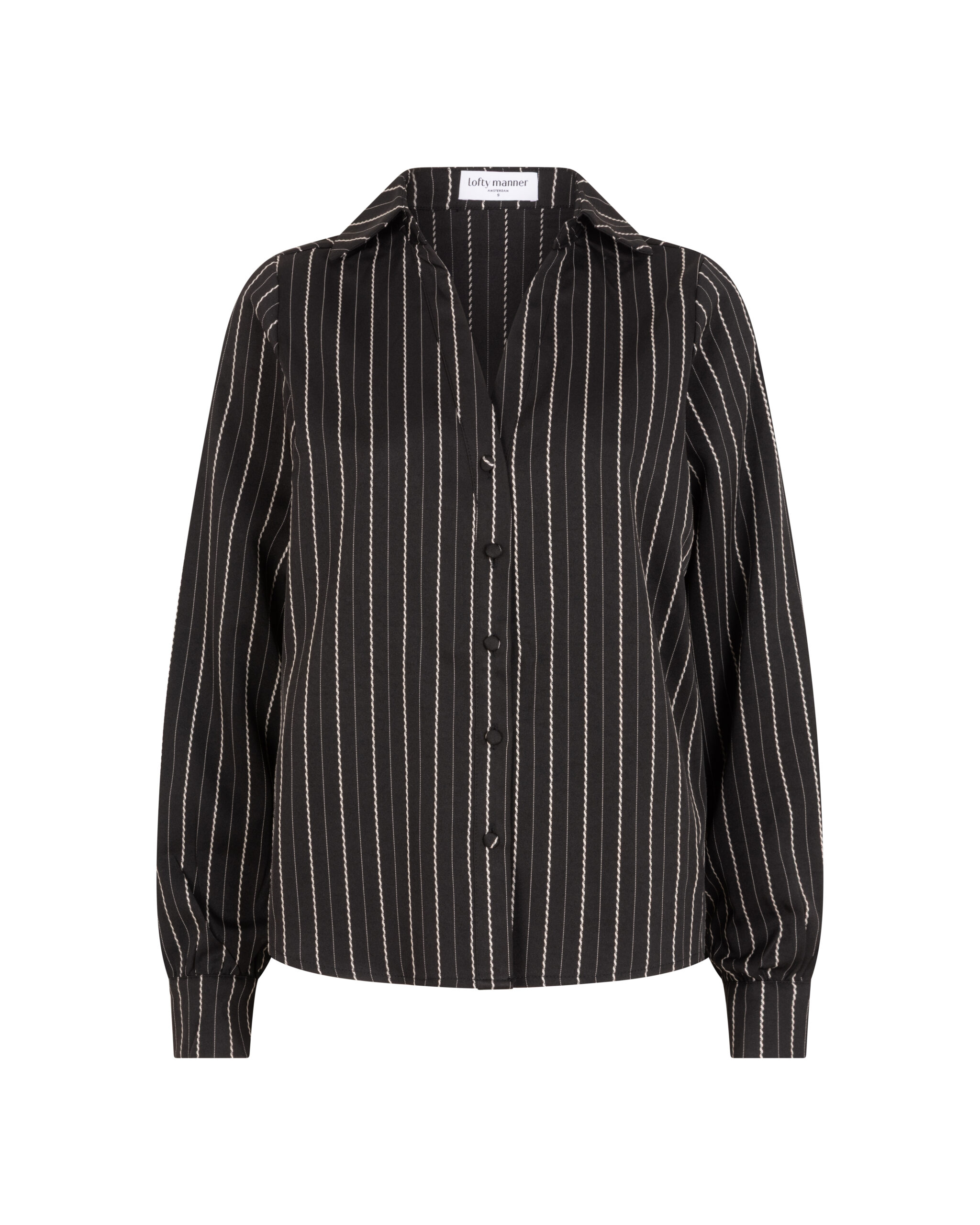 Lofty Manner Blouse Eve zwart Lofty Manner Blouse Eve zwart – gestreepte blouse met V-hals en knoopsluiting