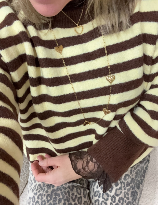 Trui bruin geel gestreept met een lange gouden ketting - So Lucky