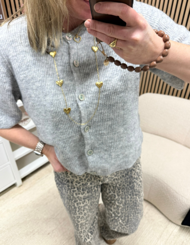 Model draagt vest korte mouw grijs op een leopard jeans – So Lucky