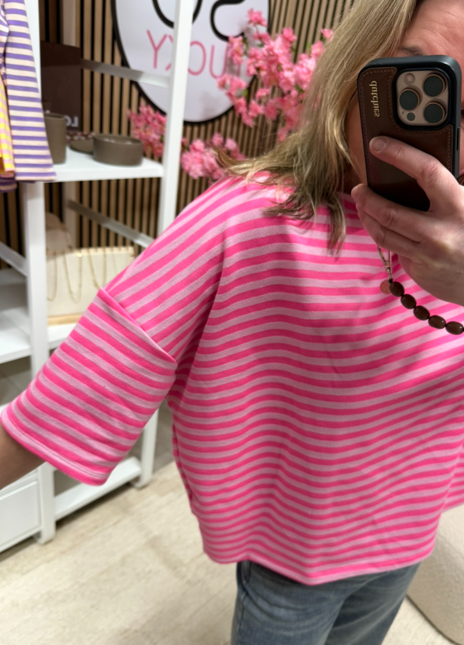Gestreepte top felroze roze met mouwen tot de elleboog – So Lucky