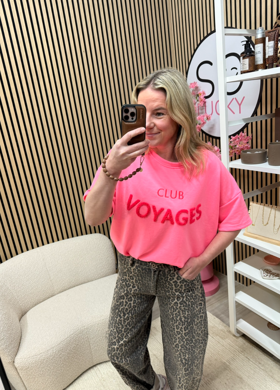 Sweater T-shirt Club Voyage neon roze zachte sweaterstof – So Lucky