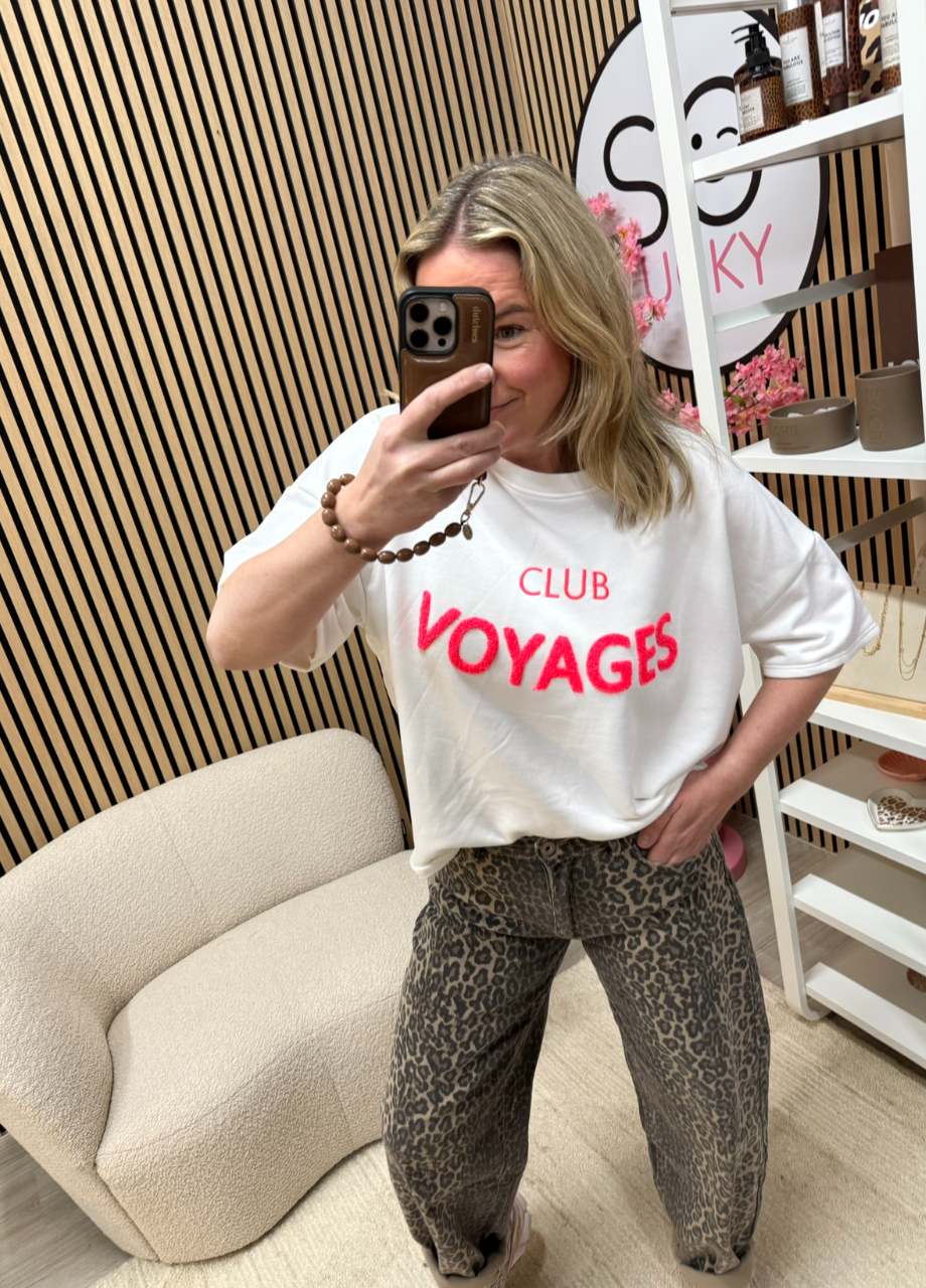 Sweater T-shirt Club Voyage wit met print voorkant – So Lucky