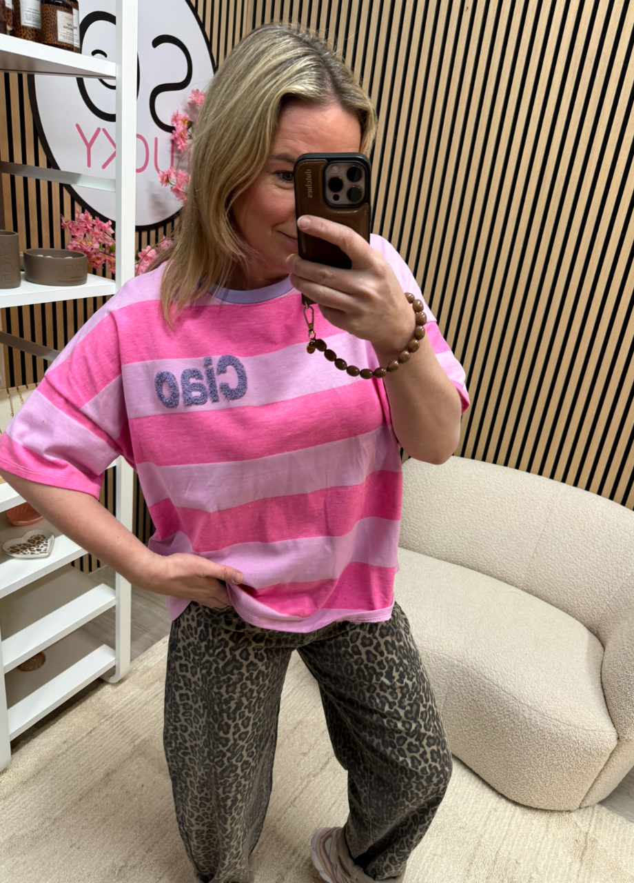 Gestreept T-shirt Ciao roze voorkant print zichtbaar – So Lucky