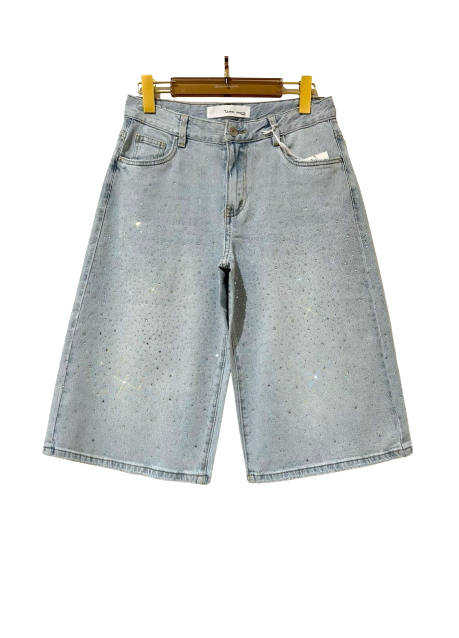 Queen Hearts Bermuda jorts Rhinestones • lichtblauwe bermuda jorts met strass steentjes – So Lucky