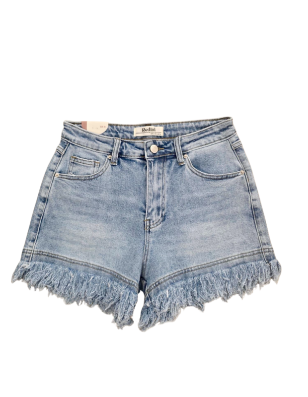 Lichtblauwe denim short van Redial met lange ruffle zoom – So Lucky