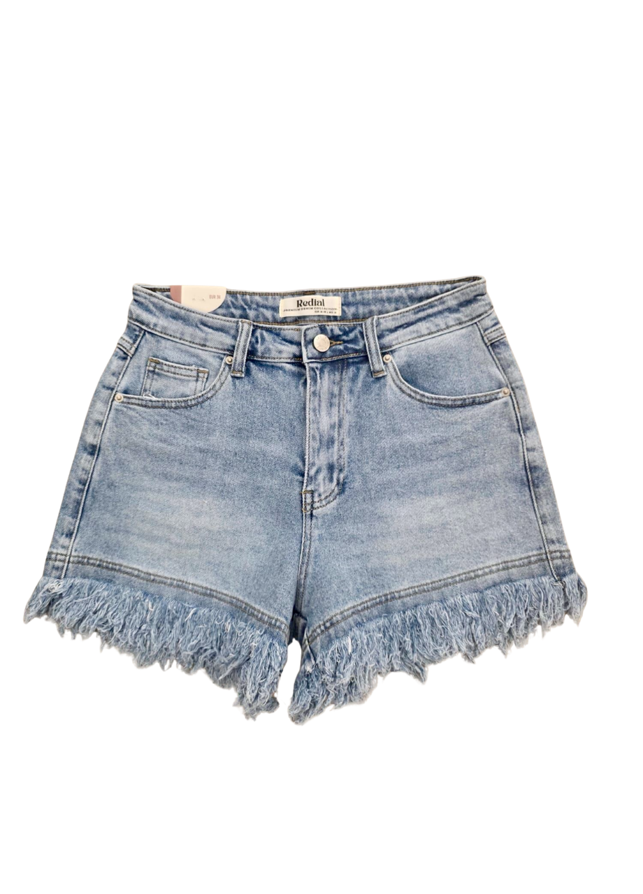 Redial denim short lichtblauw Lichtblauwe denim short van Redial met lange ruffle zoom – So Lucky