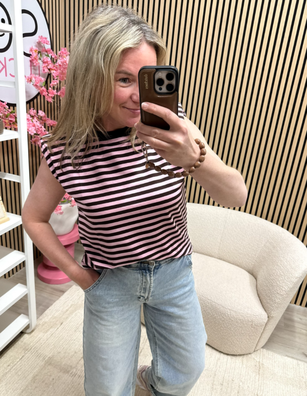 Gestreepte top Milou bruin roze met korte mouw – So Lucky