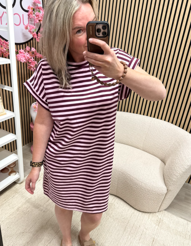 gestreepte jurk Belle bordeaux roz