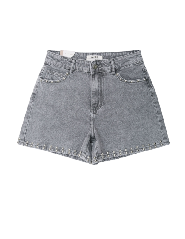 Detail van de studs op Redial denim short studs grijs – So Lucky