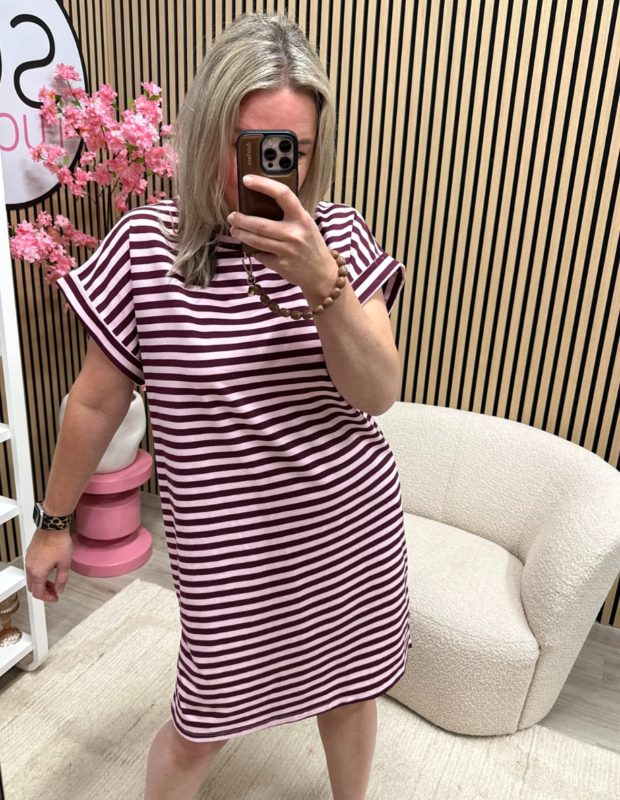 gestreepte jurk Belle bordeaux roz