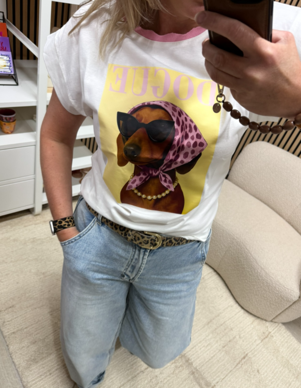 T-shirt Dogue roze boordje met hondenprint – So Lucky