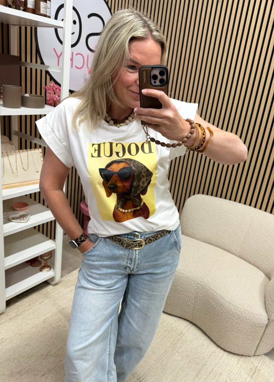T-shirt Dogue bruin boordje met hondenprint – So Lucky