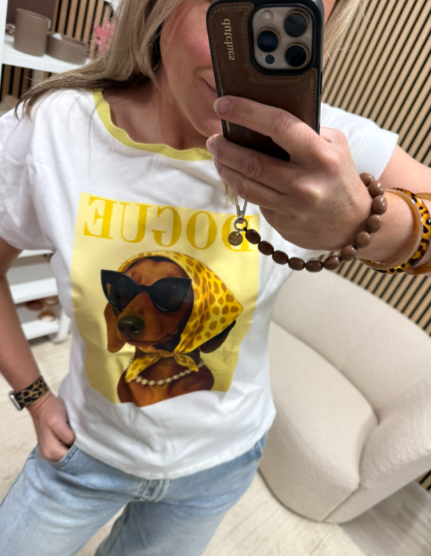 T-shirt Dogue geel boordje met hondenprint – So Lucky