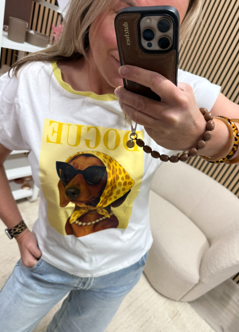 T-shirt Dogue geel boordje met hondenprint – So Lucky