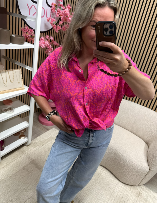 Mousseline blouse – fuchsia print van katoen – So Lucky