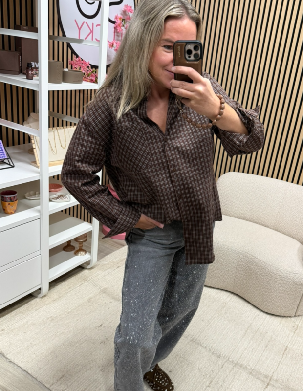 Bruine katoenen blouse met fijne ruit - So Lucky