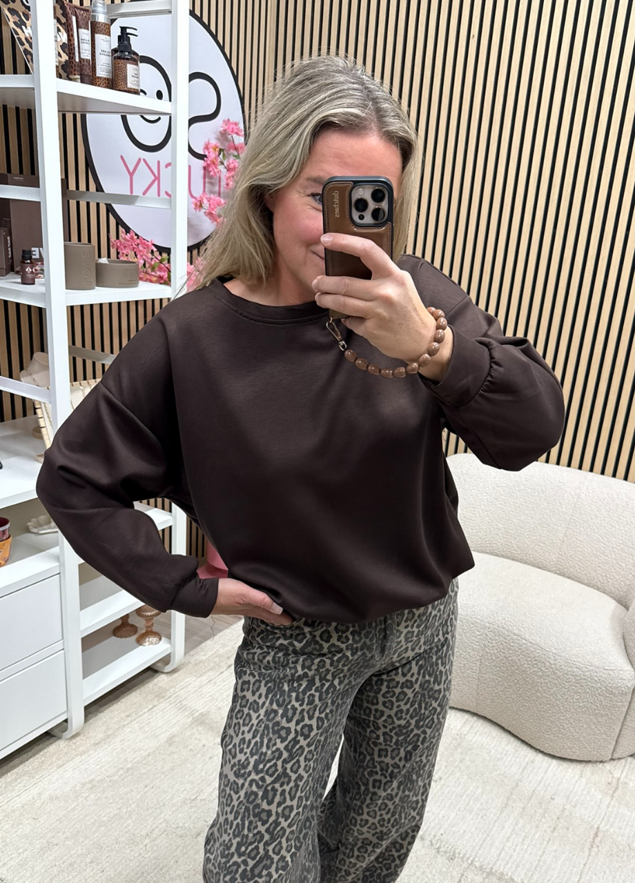 Basic sweater Saar (6) Bruine Basic sweater Saar gecombineerd met leopard jeans - So Lucky