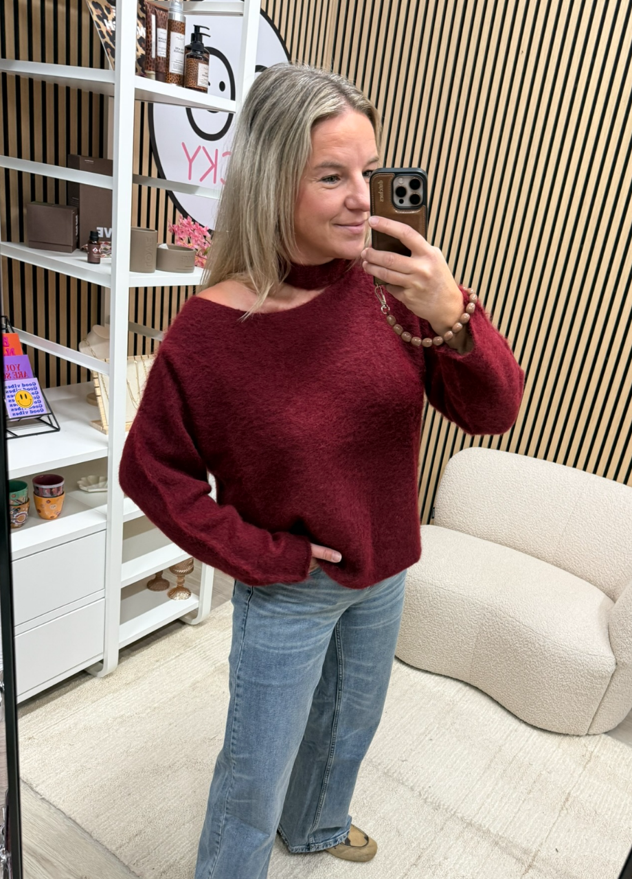 Oversized trui Mir off shoulder Bordeaux off shoulder trui voor dames - So Lucky